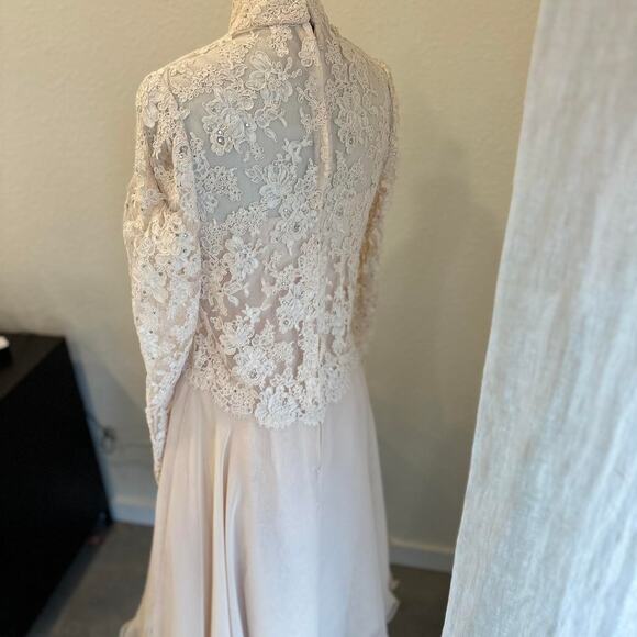 Vintage Women Small Dress Ivory Lace Chiffon Dress High Neck Long Sleeve Bridal - Picture 5 of 5